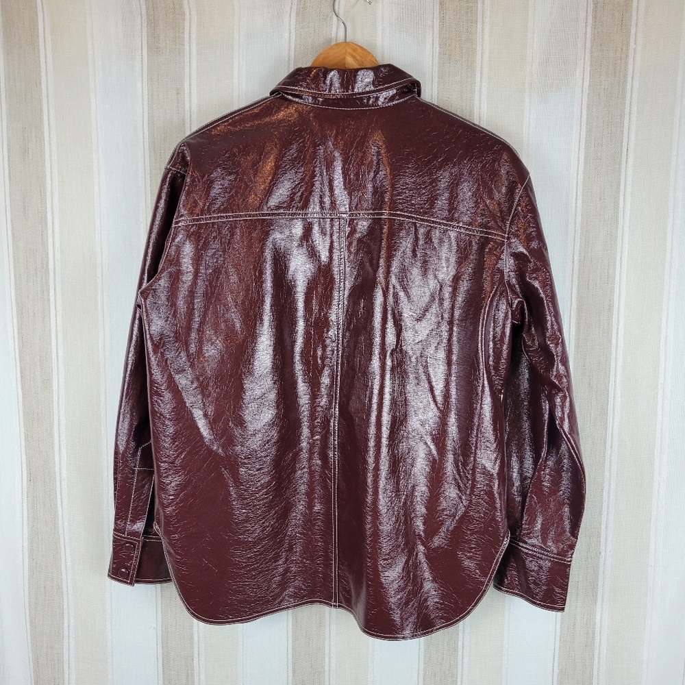 MNG Mango Faux Leather Shacket Button Down Shirt Maroon Size 6 - Picture 12 of 12